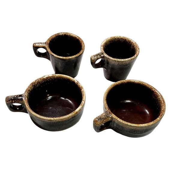 HULL BROWN DRIP SOUP MUGS COFFEE MUGS SET OF 2 EACH STONEWARE OVENSAFE USA - Picture 1 of 3